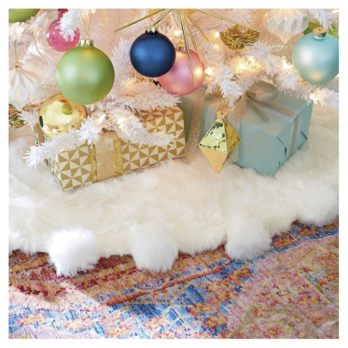 white faux fur pom pom tree skirt from Grandin Road on the happy list