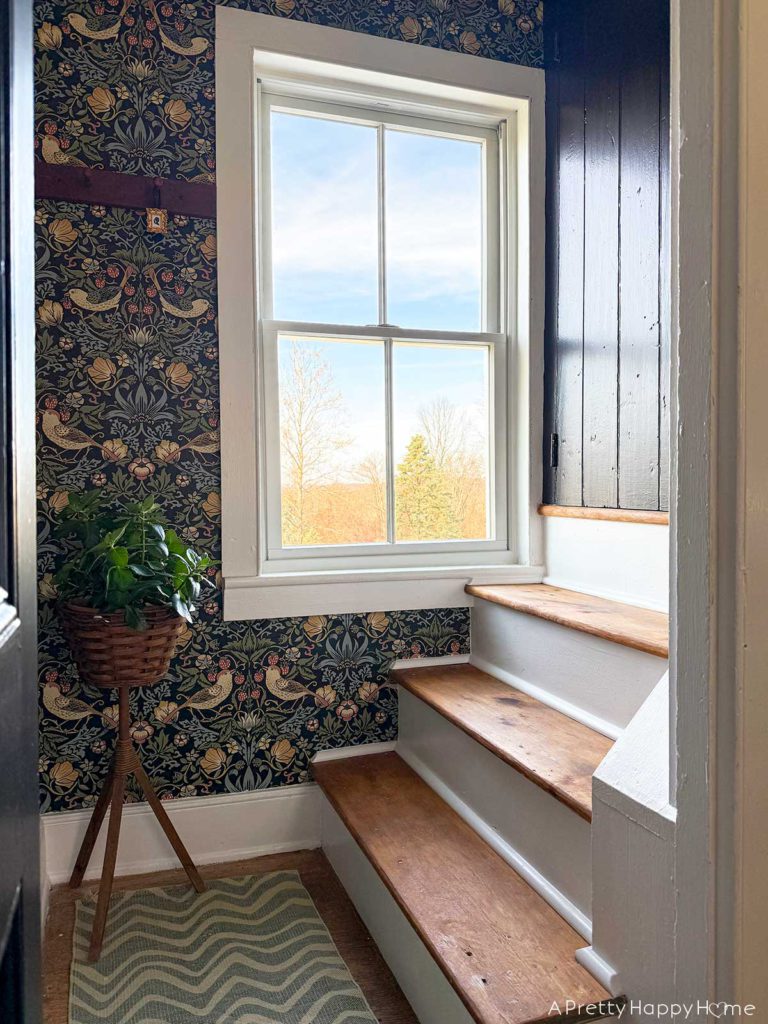 wallpapered stairwell in a old 1700s farmhouse with next wall wallpaper aves garden pattern