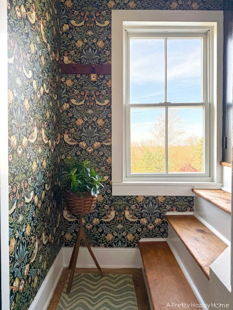 wallpapered stairwell in a old 1700s farmhouse with next wall wallpaper aves garden pattern