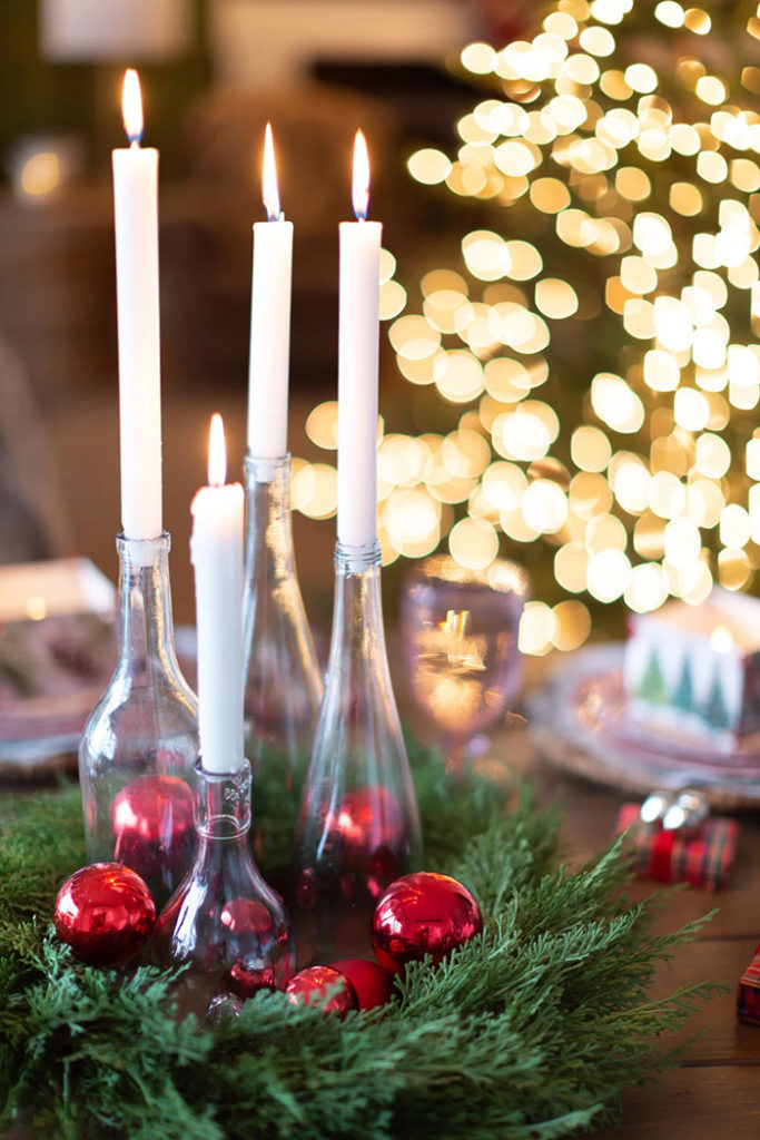 christmas table setting using recycled bottles and candles from In My Own Style on the happy list