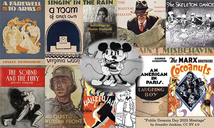 2025 public domain day montage by Jennifer Jenkins CC by 4.0 via duke law on the happy list