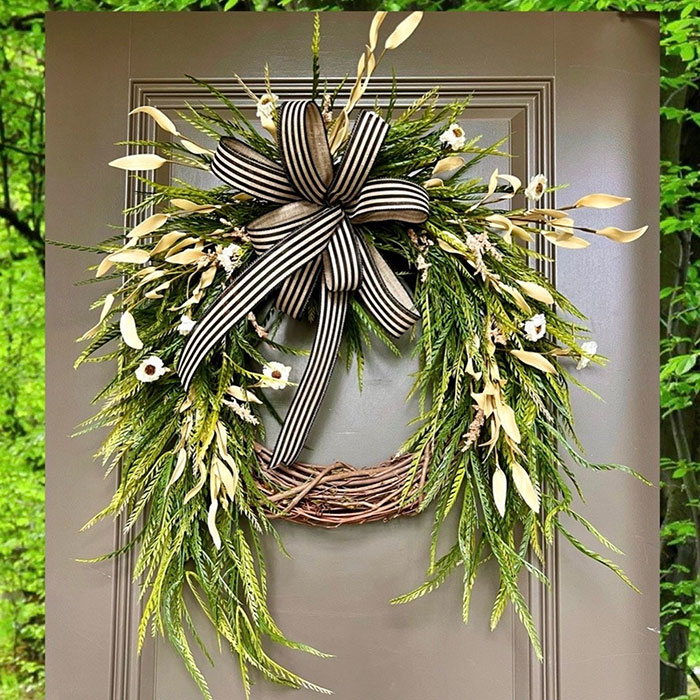 year round wreath with black and white ribbon from Kayleighs wreath decor on etsy winter wreath ideas