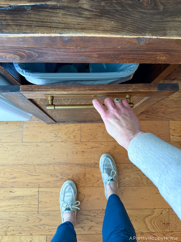 DIY under a table pull out trash cabinet rustic farmhouse kitchen partially unfitted kitchen