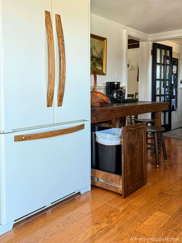 DIY under a table pull out trash cabinet rustic farmhouse kitchen partially unfitted kitchen