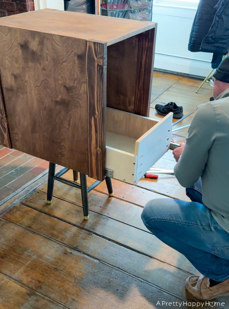 DIY under a table pull out trash cabinet rustic farmhouse kitchen partially unfitted kitchen