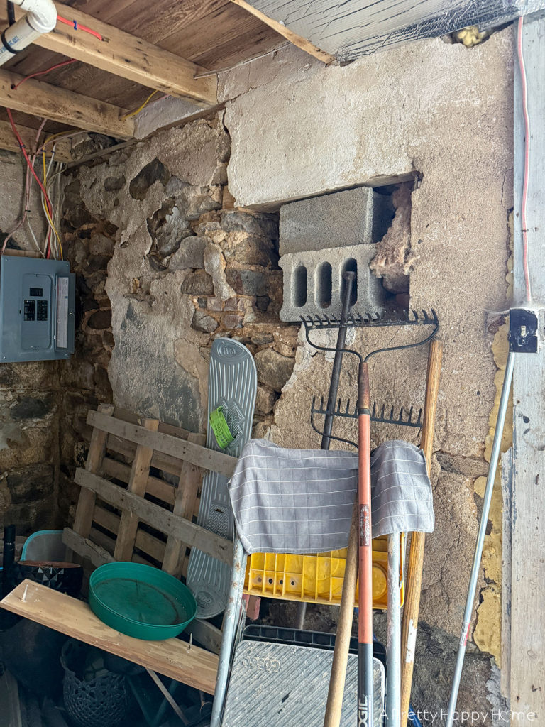 Stone Carriage House Gym: Part 3, Old Windows field stone foundation with old abandoned window