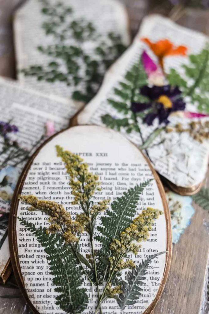 decoupage pressed flower plaques with book page background from the cottage on bunker hill on the happy list