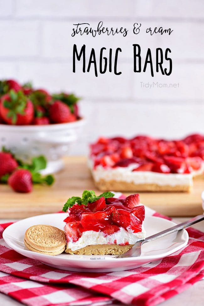 strawberries and cream magic bars from tidymom on the happy list