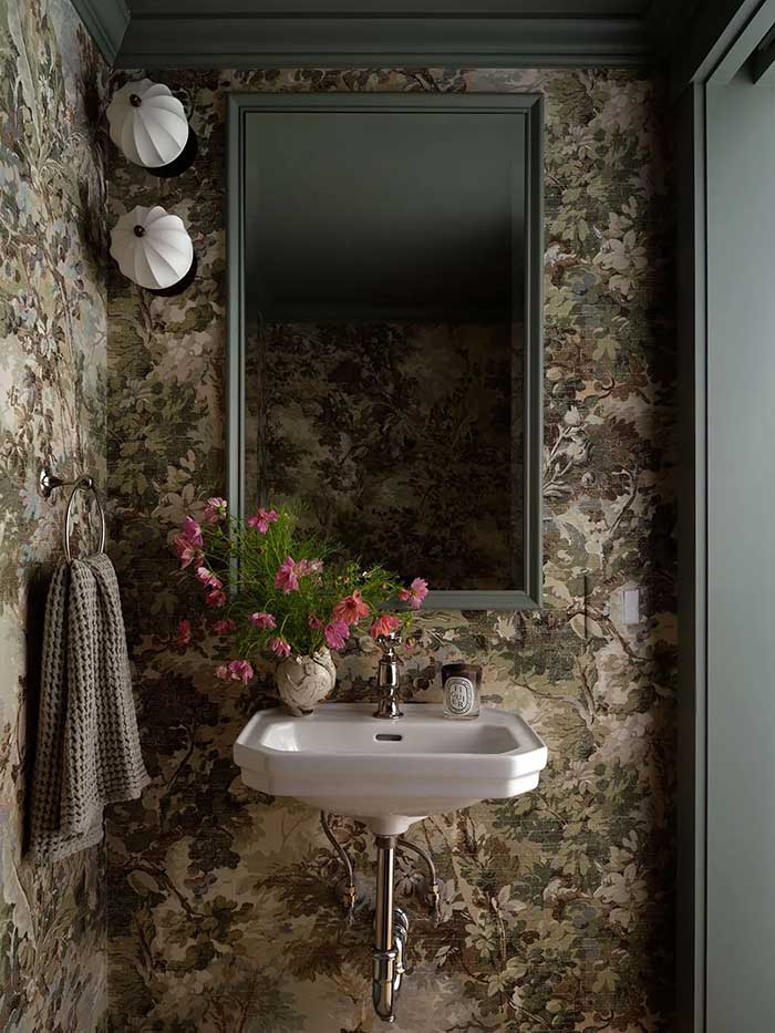 Ryan-Schwartz-in-Provincetown-Home-Tour-Domino bathroom with floral wallpaper photo by sean litchfield for domino on the happy list