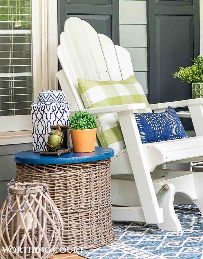 DIY side table with rattan basket and unfinished wood round from worthington court on the happy list