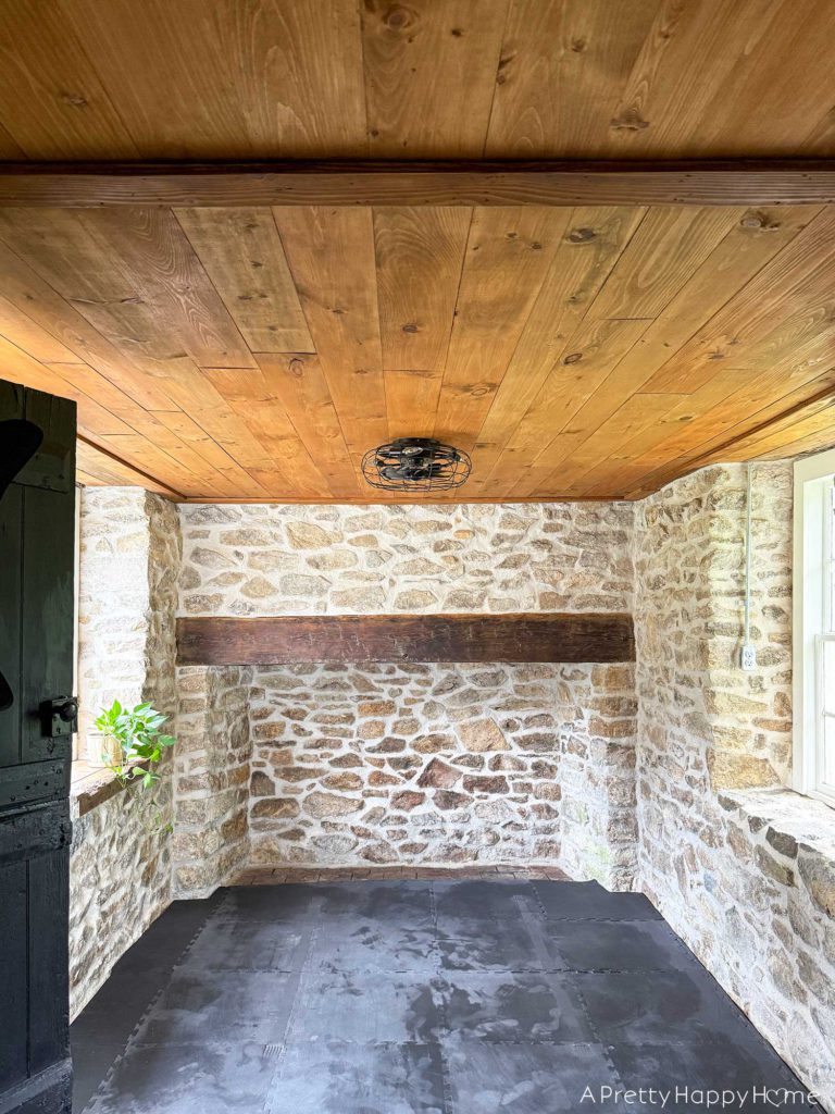 Stone Carriage House Gym: Part 9, The Ceiling rustic tongue and groove planked ceiling in a stone building