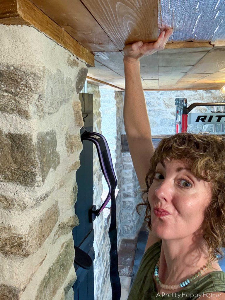 Stone Carriage House Gym: Part 9, The Ceiling rustic tongue and groove planked ceiling in a stone building