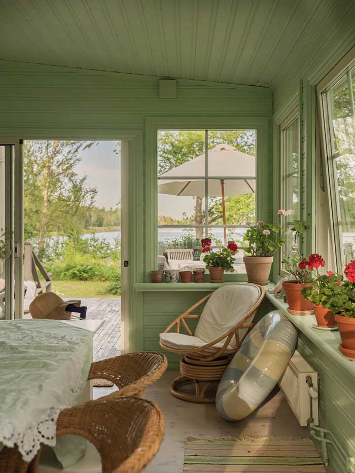 green garden room with plant shelf via the nordroom photographer unknown on the happy list