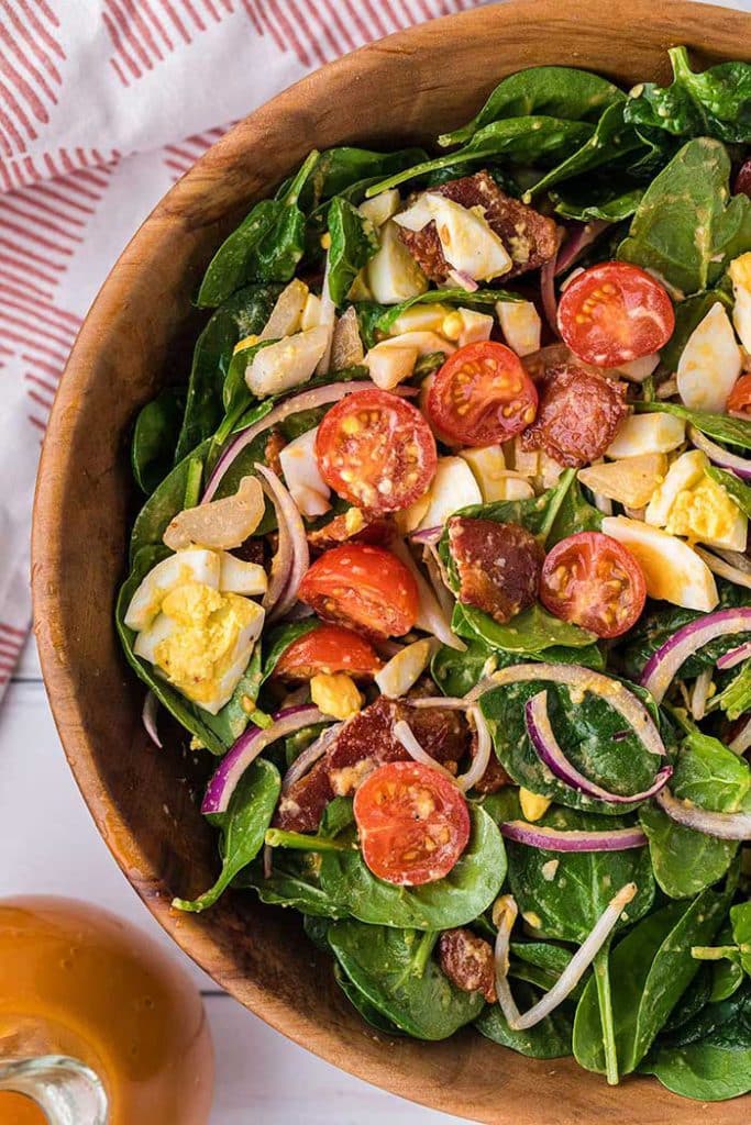 bacon spinach salad recipe with tangy dressing from tidymom on the happy list