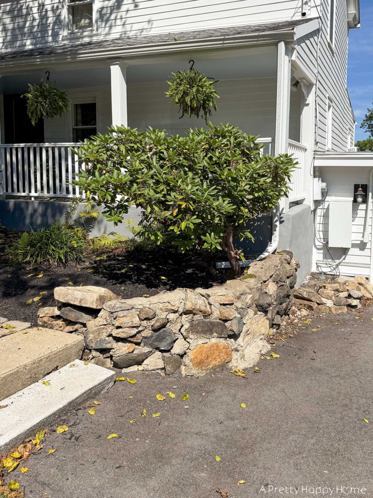 BEFORE of a crumbling curved fieldstone wall that needs to be rebuilt 