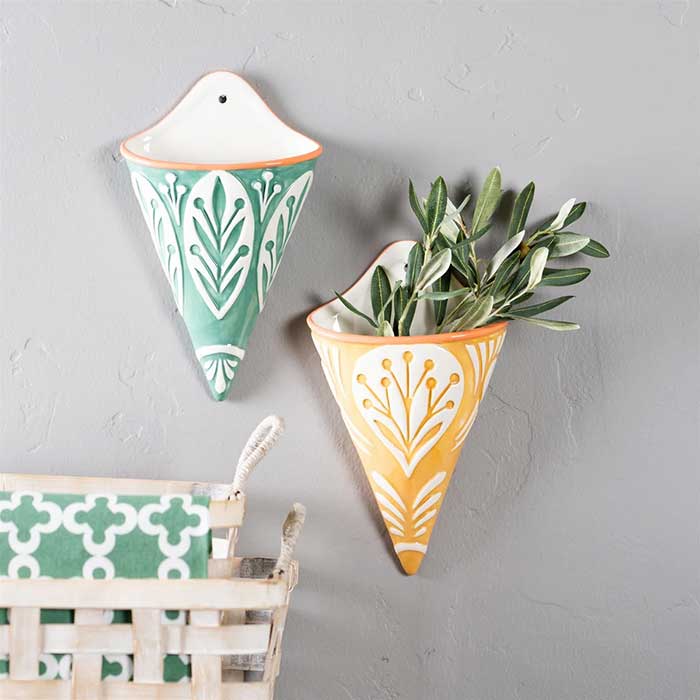 green and yellow wall vases from winston porter via Wayfair in praise of wall pockets or wall vases