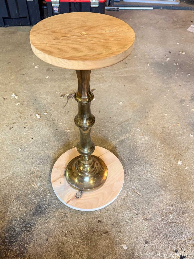 DIY Upcycled Wood and Brass Plant Stand from a lamp base