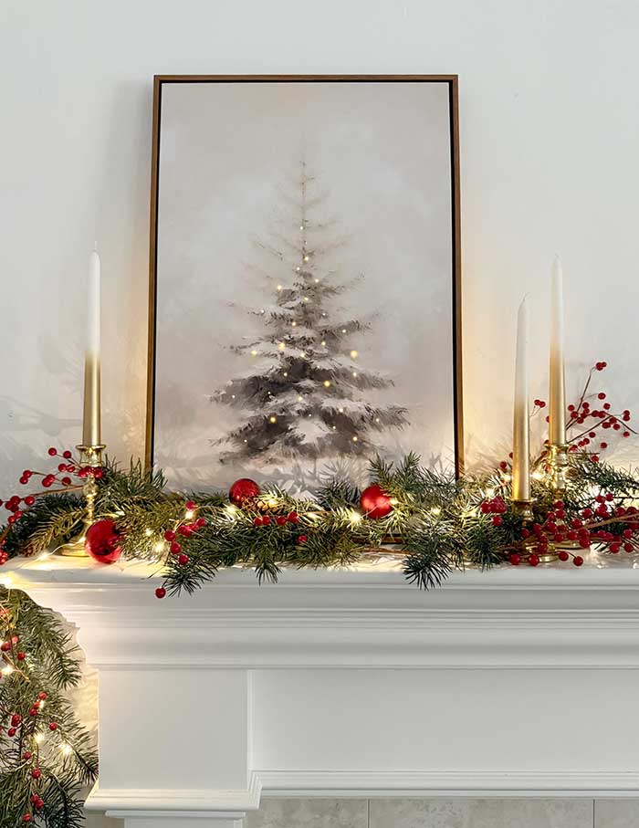 a canvas with a tree print lit up with holiday lights done by puncturing holes in the canvas idea by centsational style on the happy list