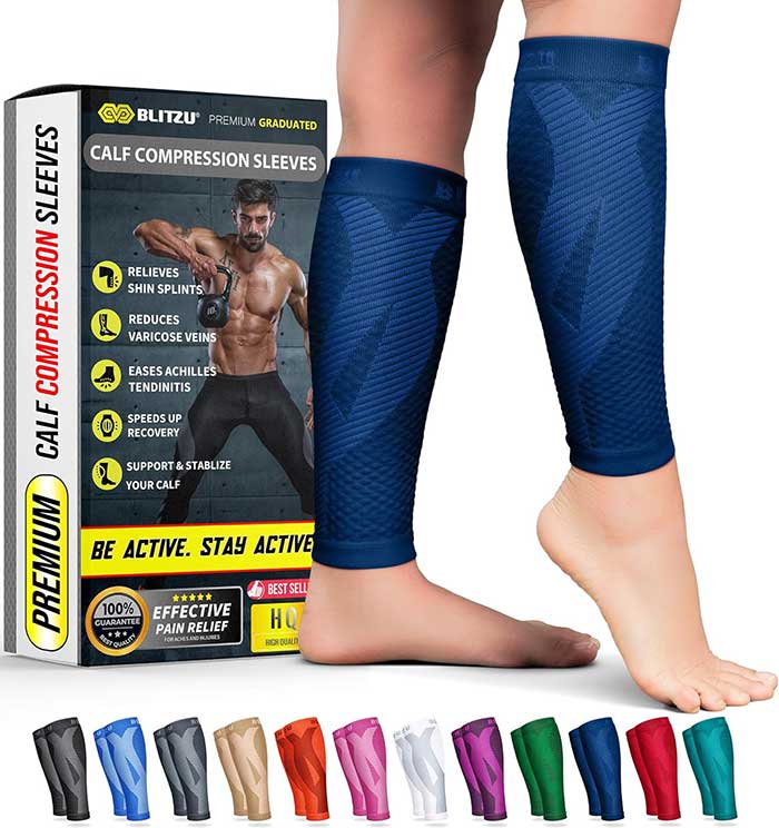 compression sleeves for calves shown in a variety of colors, including blue. Made by Blitzu and sold on amazon via the happy list.