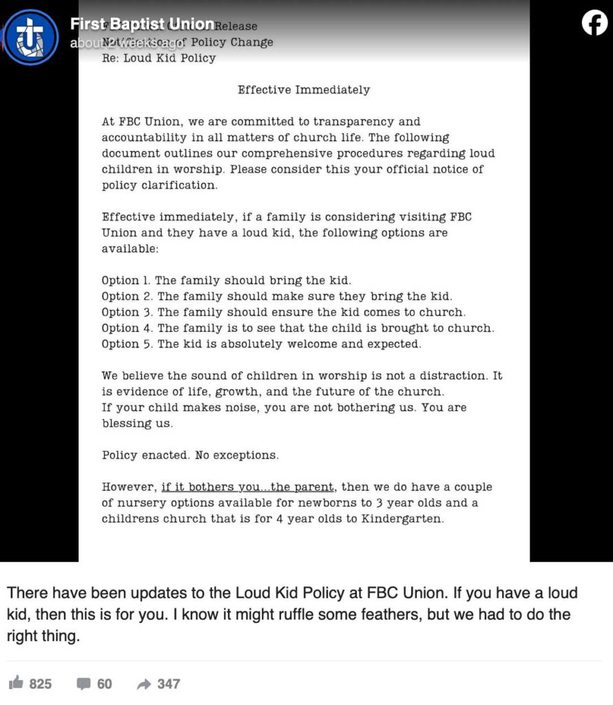 loud kid policy at first baptist union church in Mississippi as shared on facebook